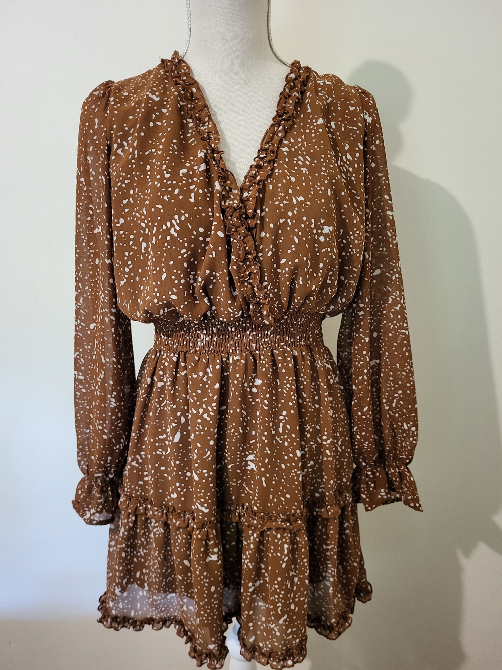 Womens Brown Printed Ruffle Long Sleeve Mini Dress Boho Cottage Core